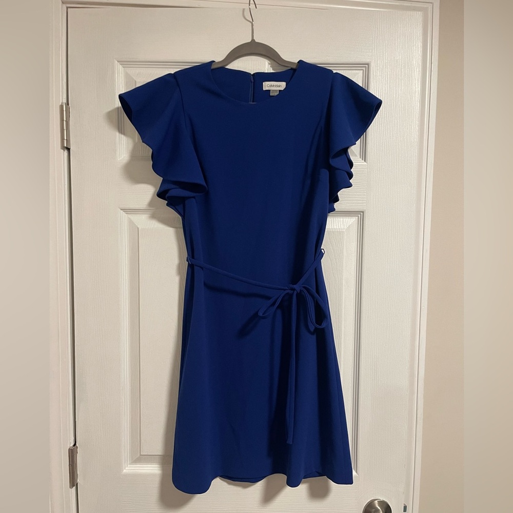 Calvin Klein Royal Blue Mini Dress- Tie Waist- Church Workwear Cocktail- Size 8
